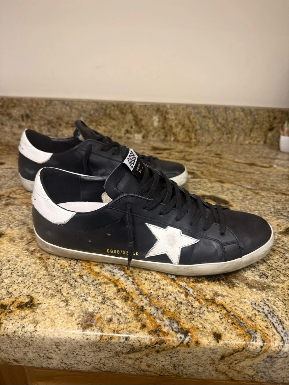 Golden Goose Super Star - Black Leather Low-Top Sneaker with White Star, size 45